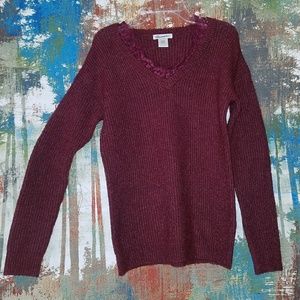 Burgundy Sweater with Lace Trim